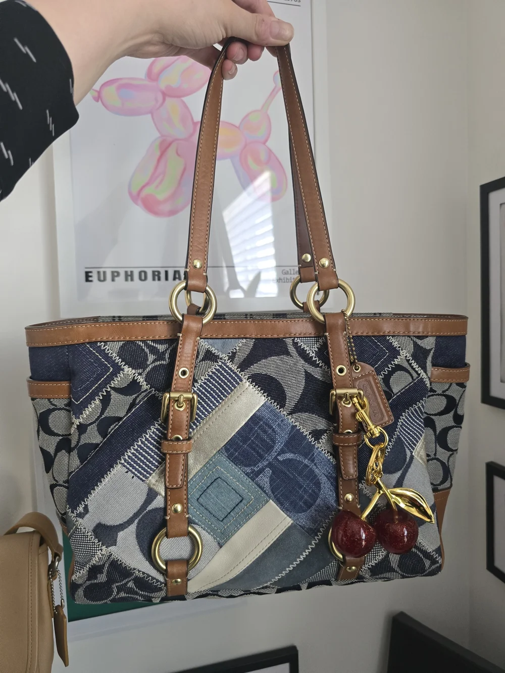 Authentic Y2K Coach Denim Patchwork Tote with Leather And Chery Charm - F12217